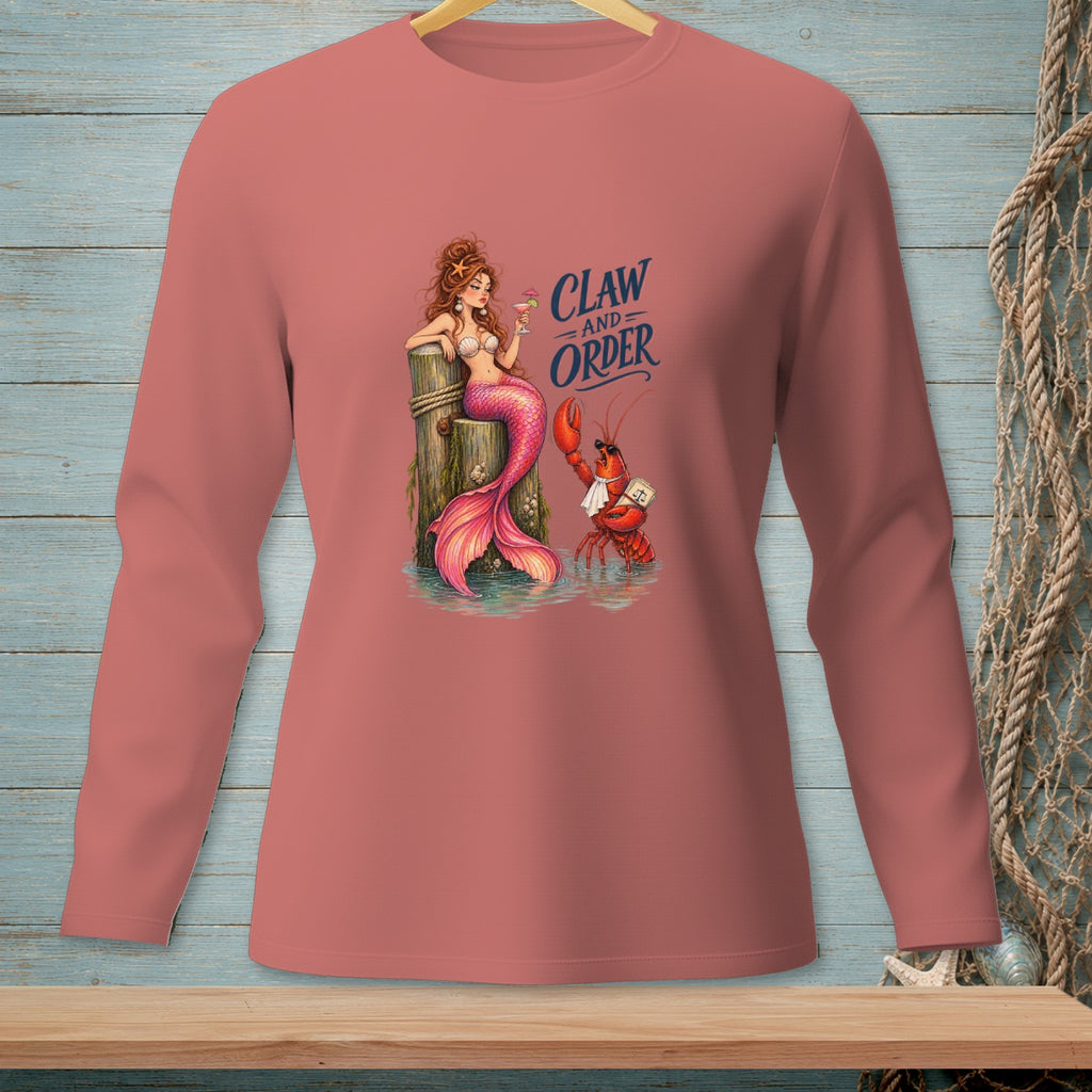 Mermaid with cocktail and lobster holding gavel with "Claw and Order" text.