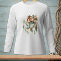 White long-sleeve shirt with a watercolor mermaid and flowers on a dock.