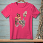 Pink t-shirt with mermaid graphic and "Proper Footwear Required" sign.