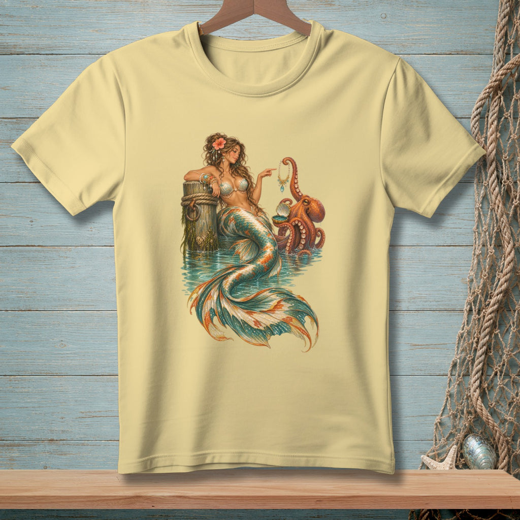 Yellow t-shirt featuring a mermaid and octopus design with oceanic elements.