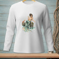 White long-sleeve shirt with a watercolor print of a mermaid holding a drink.