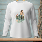 White long-sleeve shirt with a watercolor print of a mermaid holding a drink.