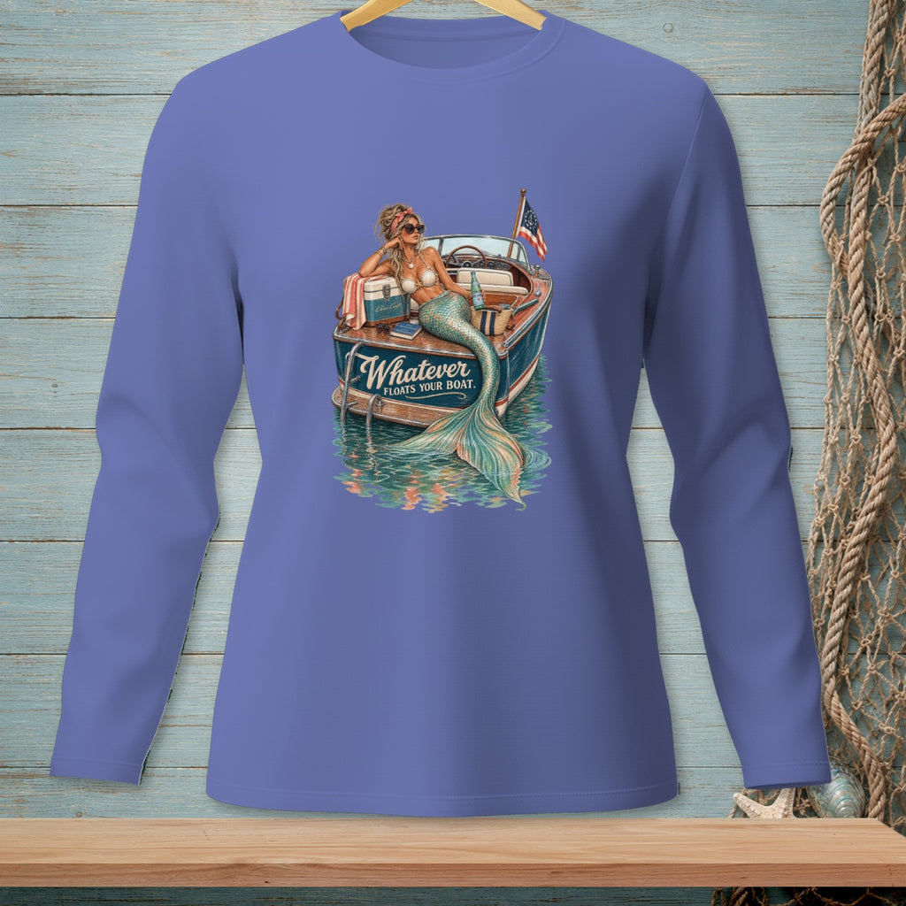 Mermaid with sunglasses on a boat with text "Whatever Floats Your Boat."