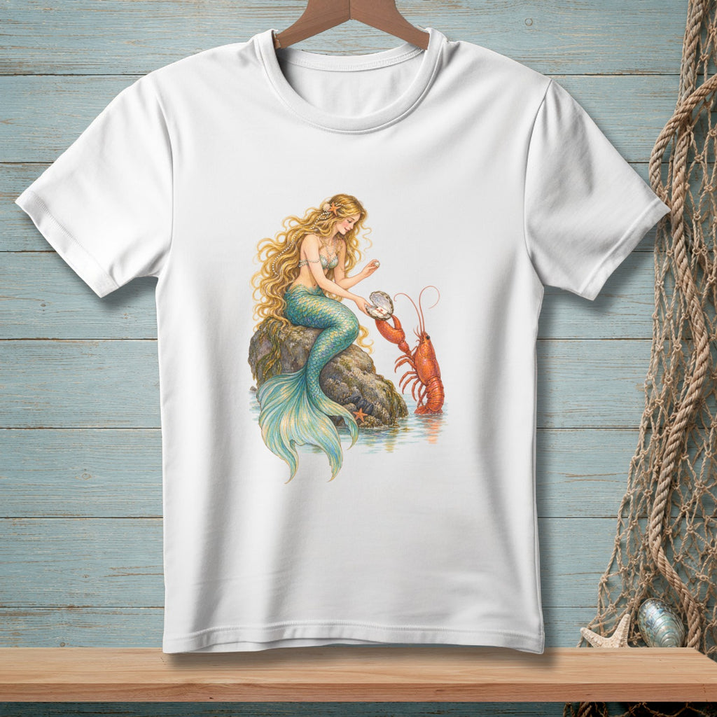 Mermaid on rock with pearl and lobster.