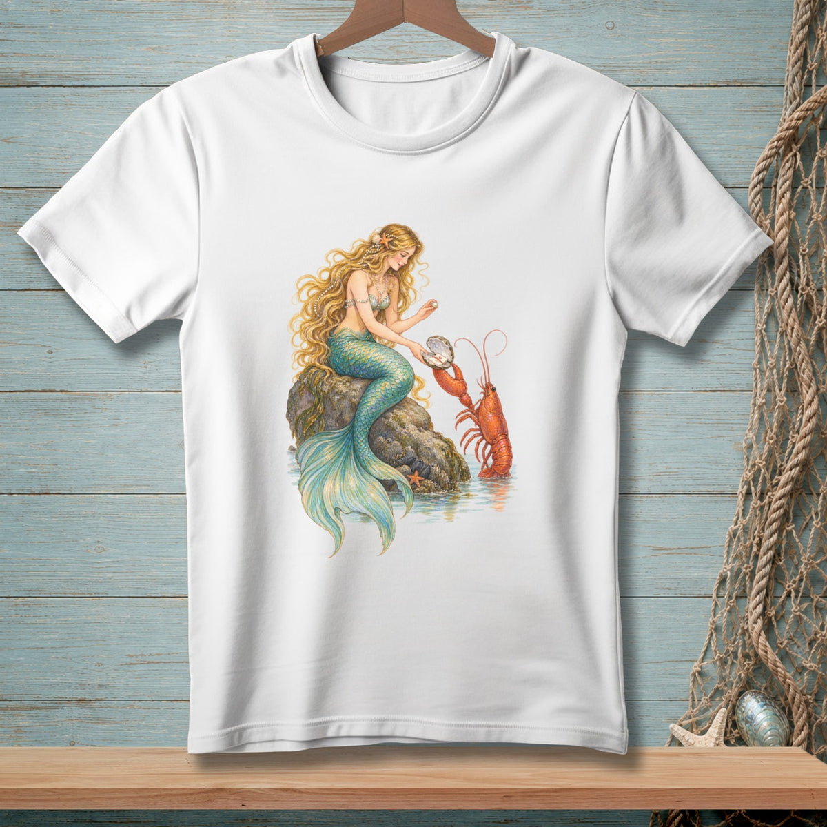Mermaid on rock with pearl and lobster.