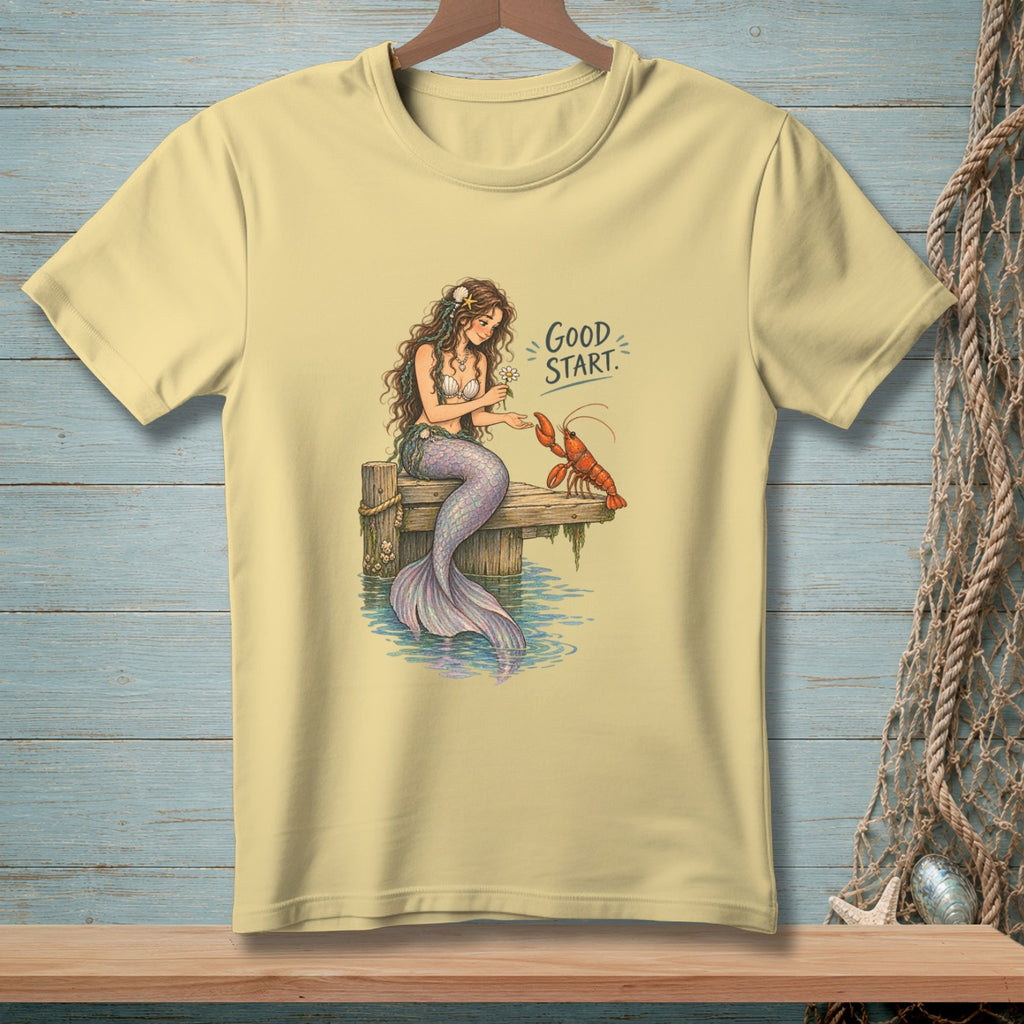 Mermaid on dock offers flower to lobster with text "Good Start."
