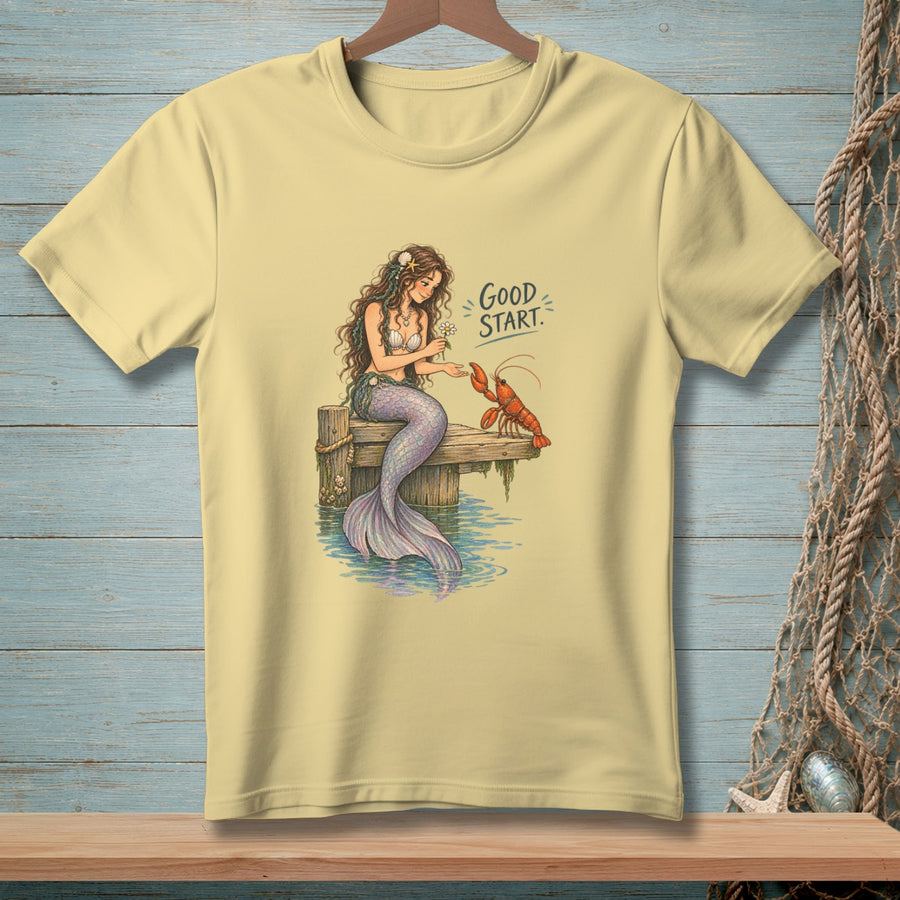 Mermaid on dock offers flower to lobster with text "Good Start."