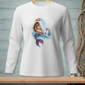 Mermaid with umbrella and dolphin splashing in water on white long-sleeve shirt.