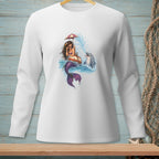 Mermaid with umbrella and dolphin splashing in water on white long-sleeve shirt.