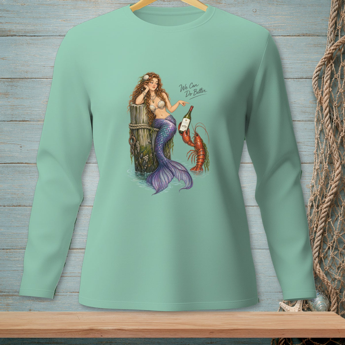 Mermaid with lobster holding wine bottle and text "We Can Do Better".