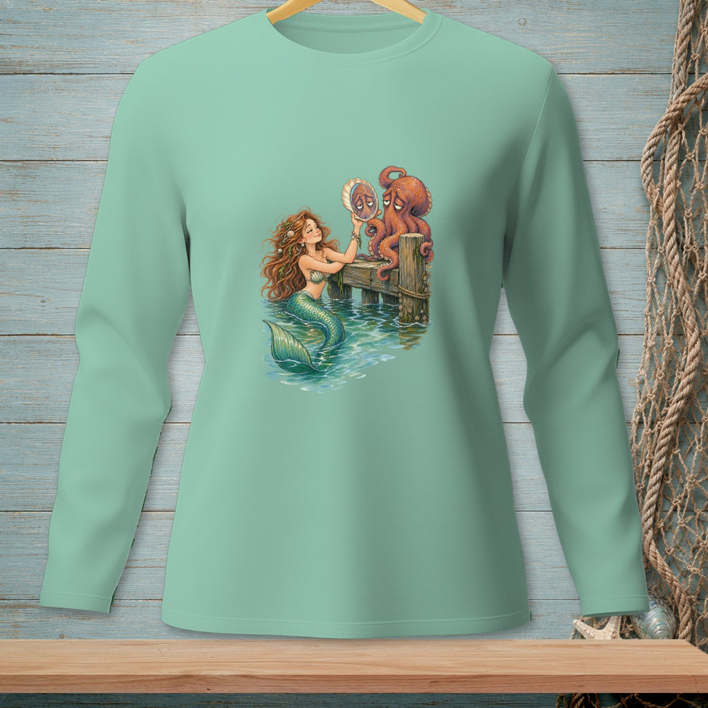 Mermaid and sad octopus looking into a shell on a pier.
