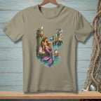 Mermaid with purple tail sitting by pier with seagull, crab, and village buildings.