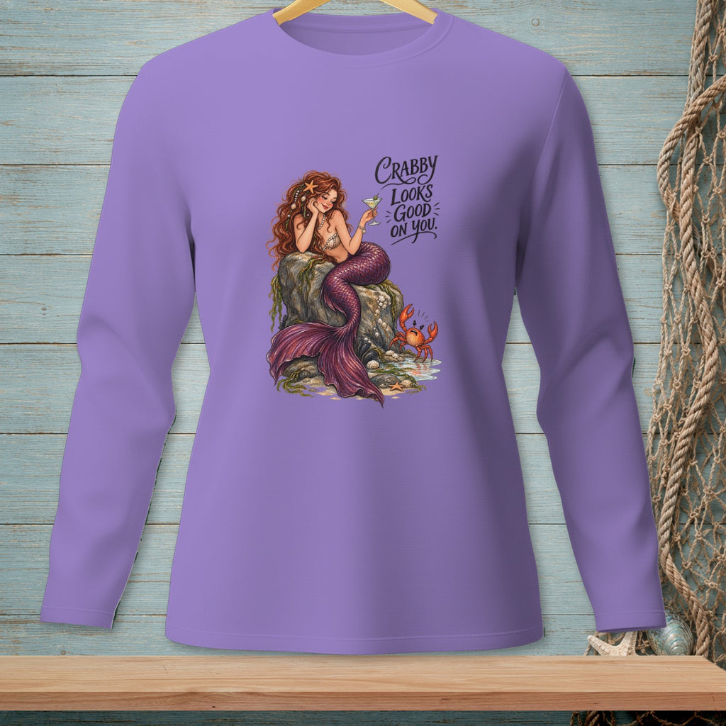 Purple long-sleeve shirt with a mermaid, crab, and the text "Crabby Looks Good On You."