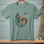 Three mermaids with different tails and hair colors swimming in a circle.