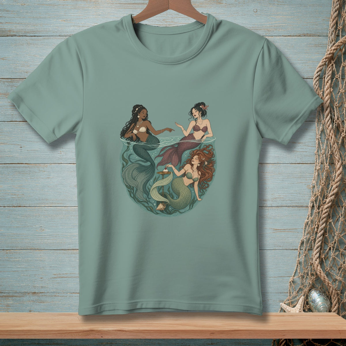 Three mermaids with different tails and hair colors swimming in a circle.
