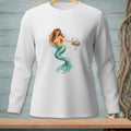 Illustration of a mermaid with a drink on a long-sleeve white t-shirt.