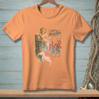 Orange t-shirt with a graphic of a mermaid and octopus, text reads "SKIP THE MIDDLEMAN."
