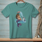 Mermaid with umbrella in water with dolphin and splash.