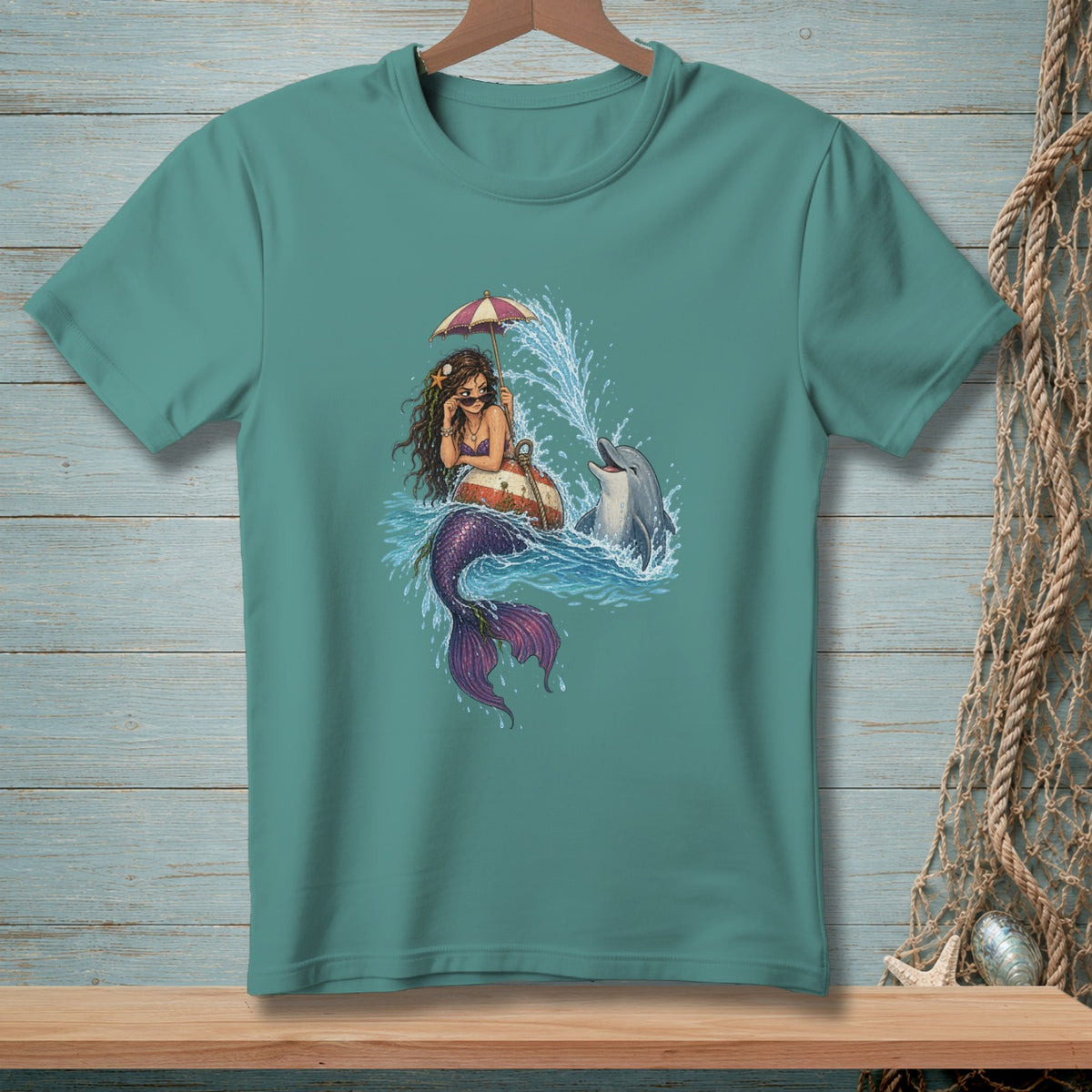Mermaid with umbrella in water with dolphin and splash.