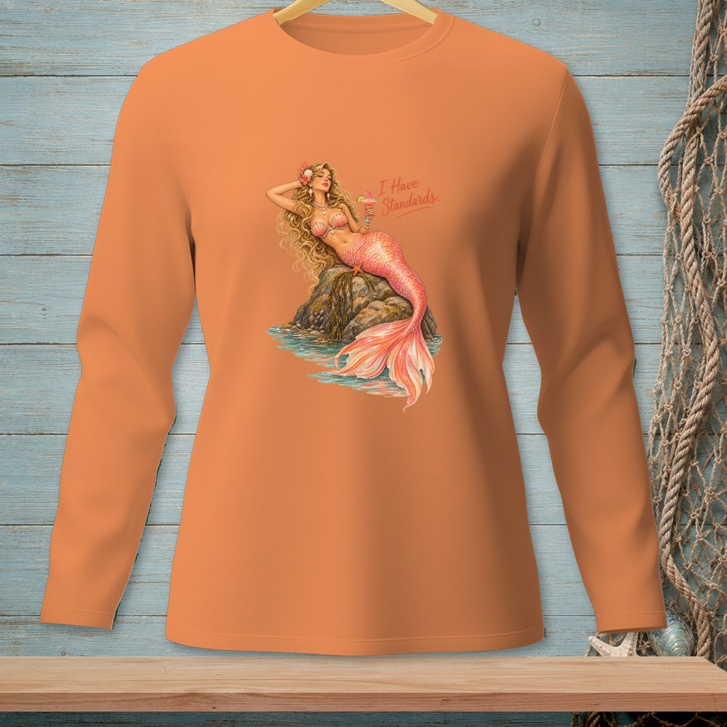 Long sleeve orange shirt with a vintage mermaid graphic and text.