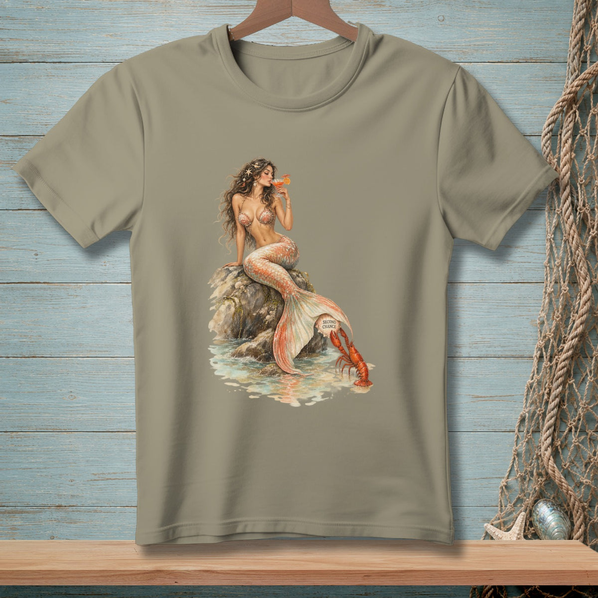 Tan t-shirt with mermaid, lobster, and "Second Chance" text design.