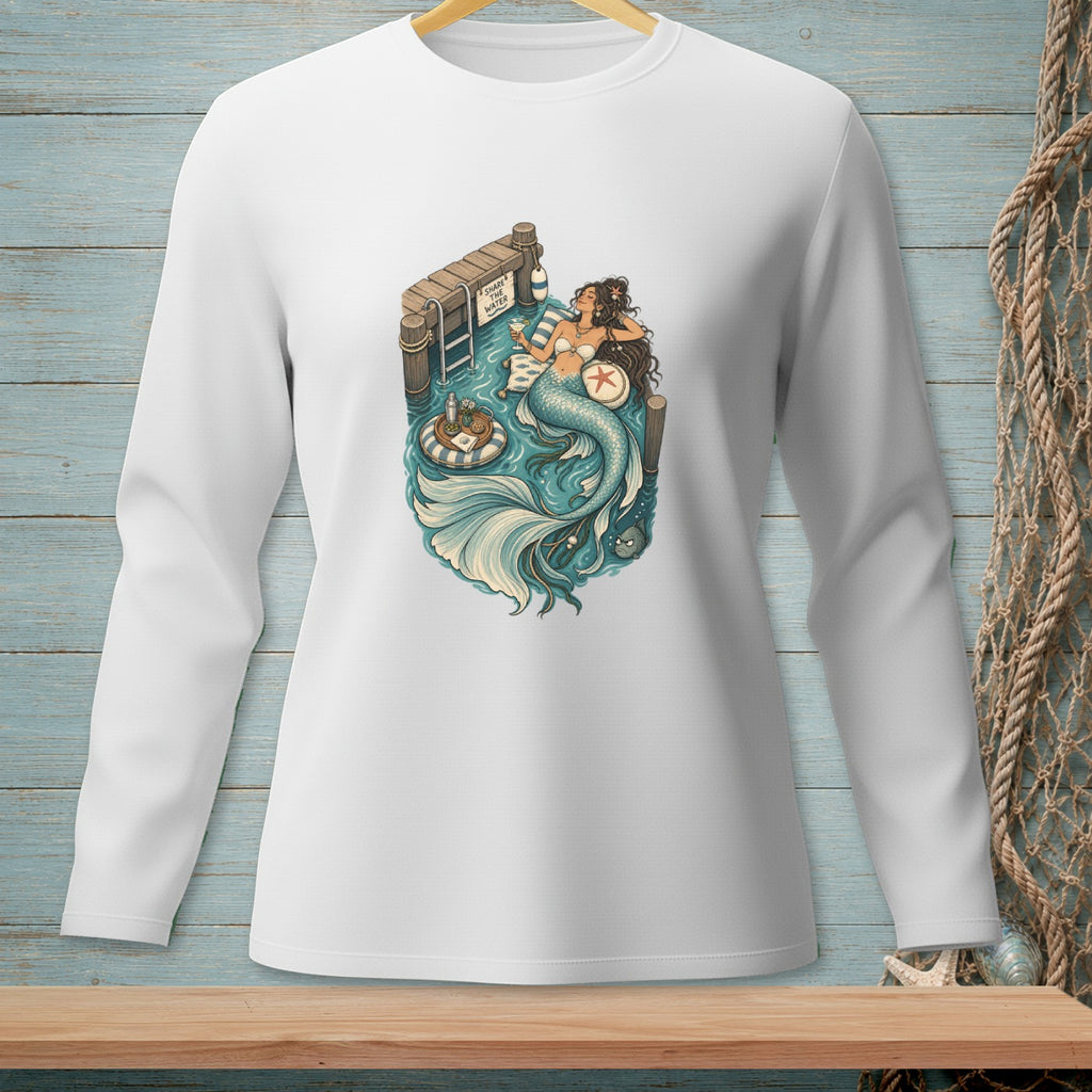 Illustration of a mermaid relaxing on a dock, with text "Share the Water".