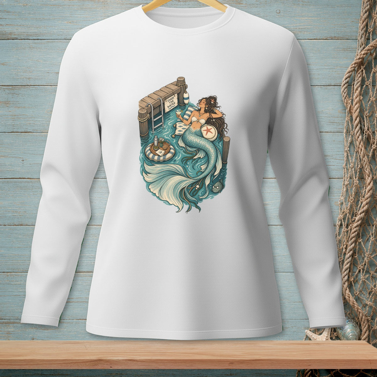 Illustration of a mermaid relaxing on a dock, with text "Share the Water".