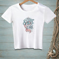 White t-shirt with "Too Salty to Care" mermaid graphic and nautical accents.