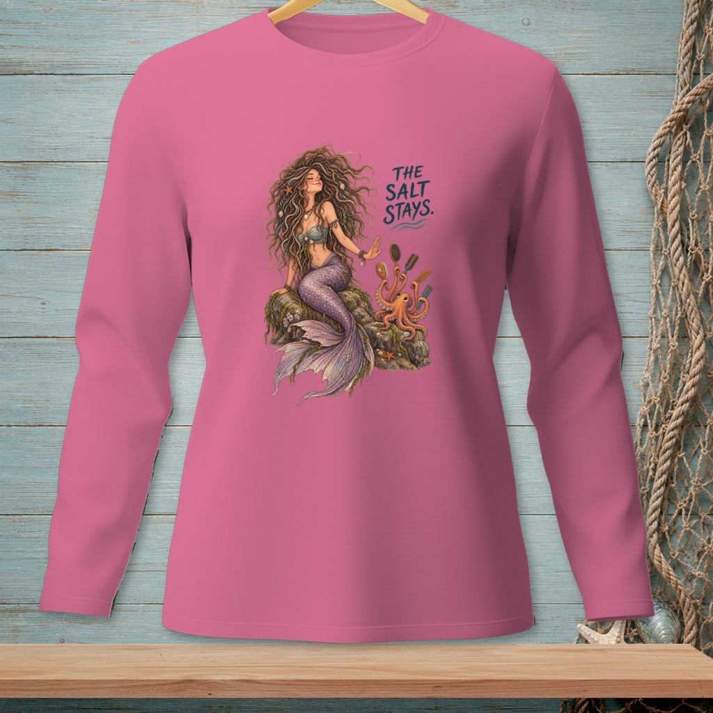 Pink long sleeve shirt with a mermaid, octopus, combs, and text "THE SALT STAYS."