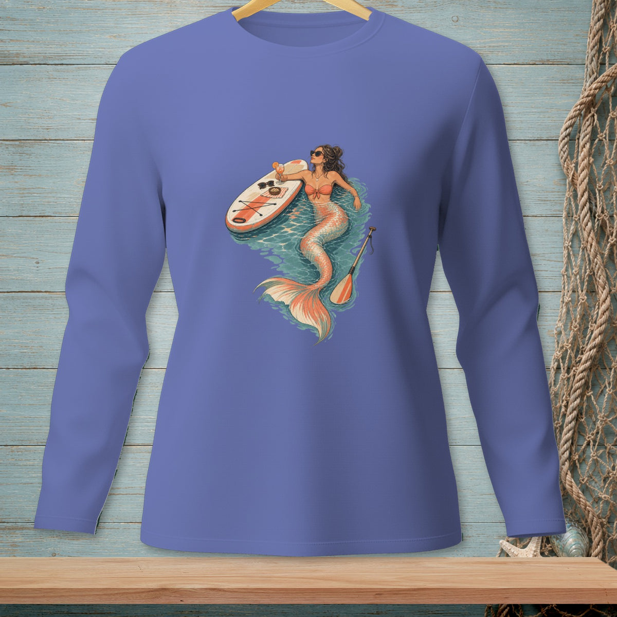 Mermaid on a paddleboard with sunglasses and a paddle, with water and a net.
