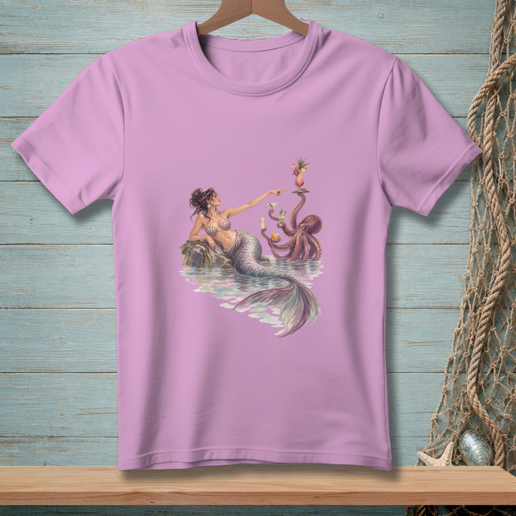 Mermaid with octopus serving drinks and pineapple cocktail.