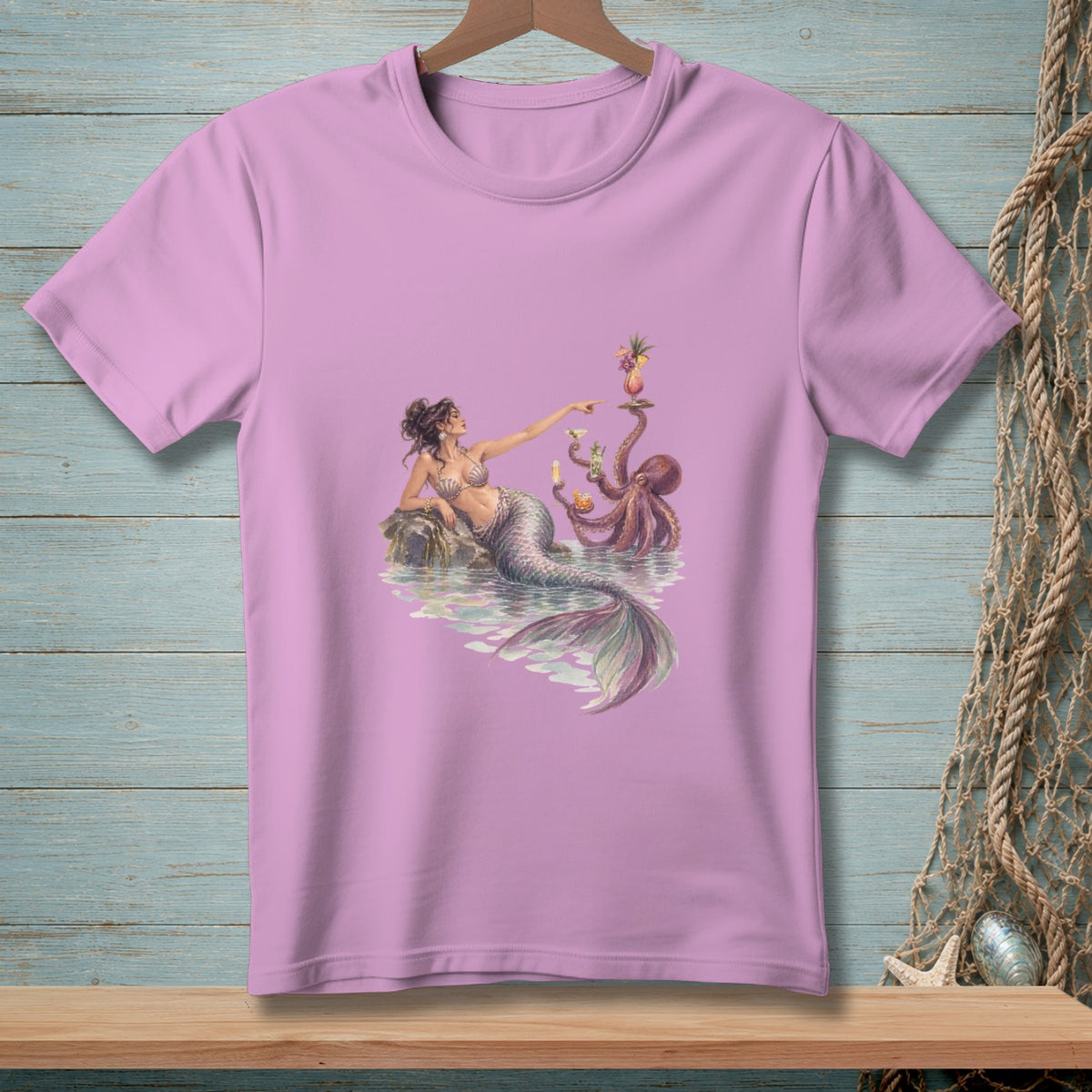 Mermaid with octopus serving drinks and pineapple cocktail.