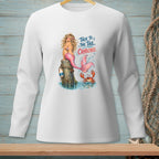 White long-sleeve shirt with a mermaid sitting on a post with a crab and text "Talk to the tail, crabcake."