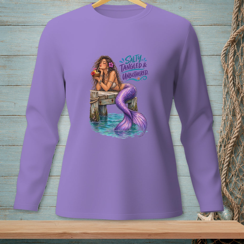 Purple long-sleeve shirt with a mermaid drinking a cocktail and text "Salty, Tangled & Unbothered."