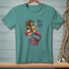 Mermaid with drink on buoy, "Hair's a wreck. Priorities intact." text.