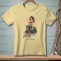 Yellow t-shirt with a mermaid holding a drink, text "SALTY ON PURPOSE."