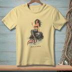 Yellow t-shirt with a mermaid holding a drink, text "SALTY ON PURPOSE."
