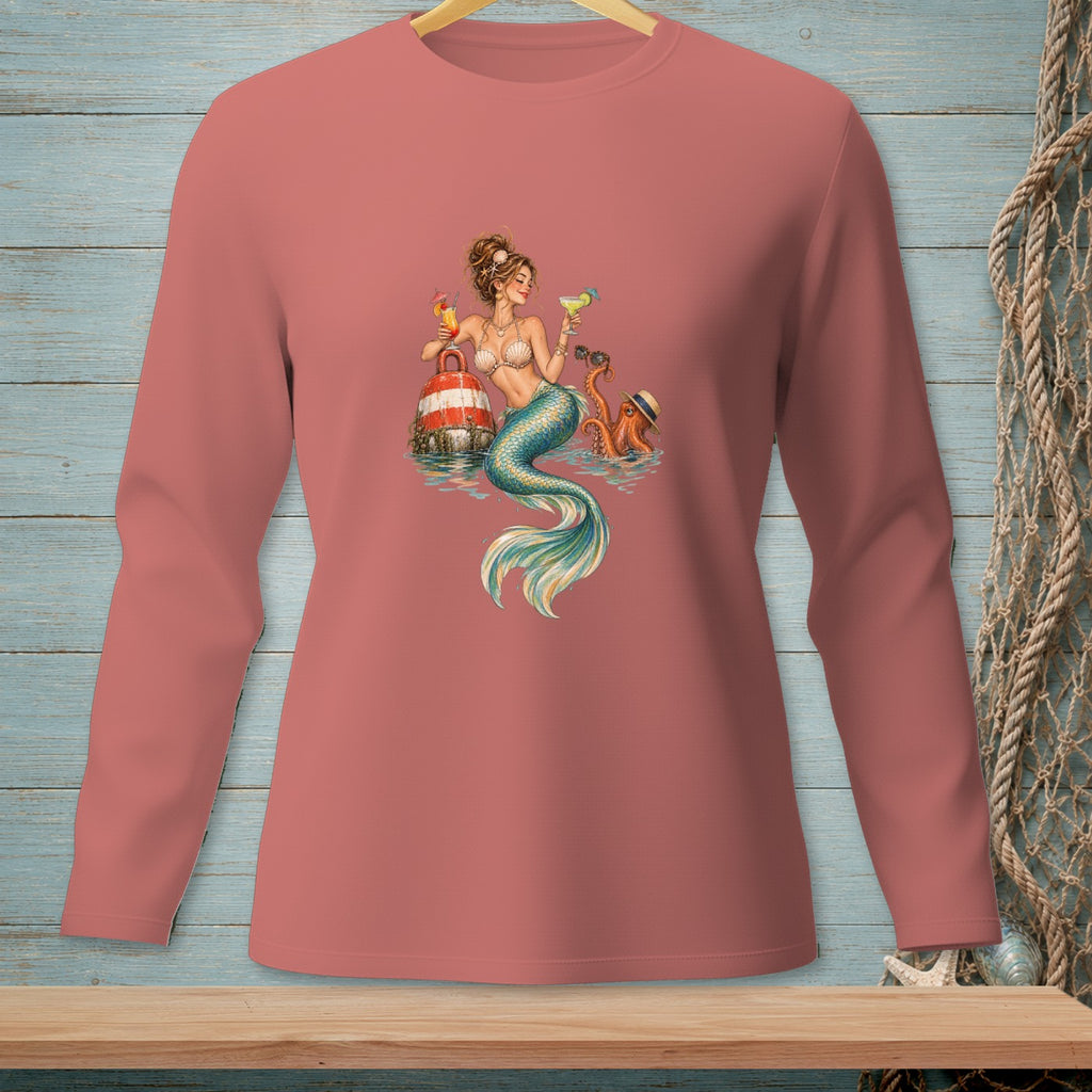 Mermaid with drinks by buoy and octopus wearing hat, on coral shirt.