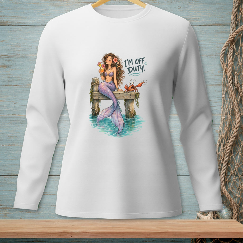 Mermaid with drink and crab on dock, text "I'M OFF DUTY."
