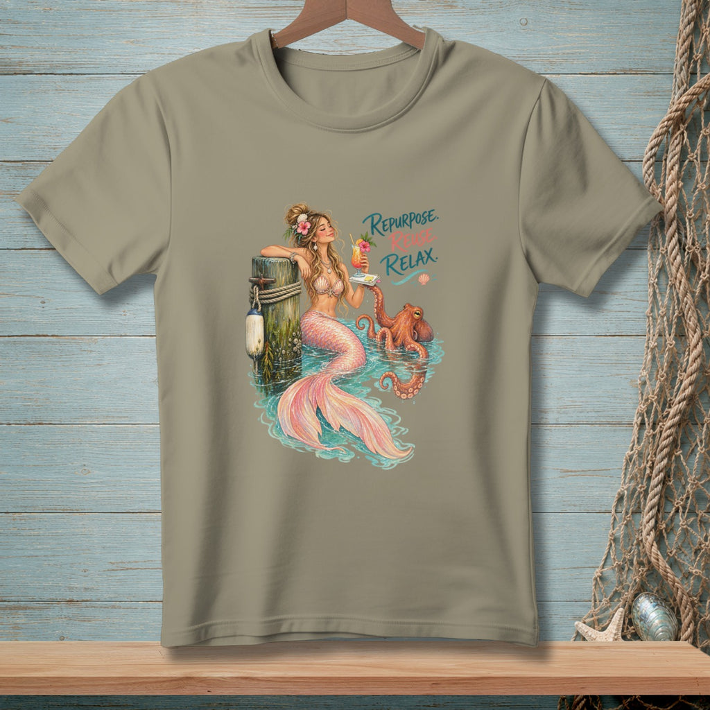 Mermaid with pink tail and octopus holding drink, text "Repurpose. Relax."