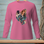 Pink long-sleeve shirt with a mermaid graphic holding a bottle by a boat.