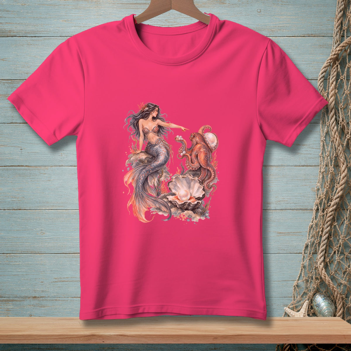 T-shirt with a mermaid and octopus graphic, featuring a pearl and seashells.
