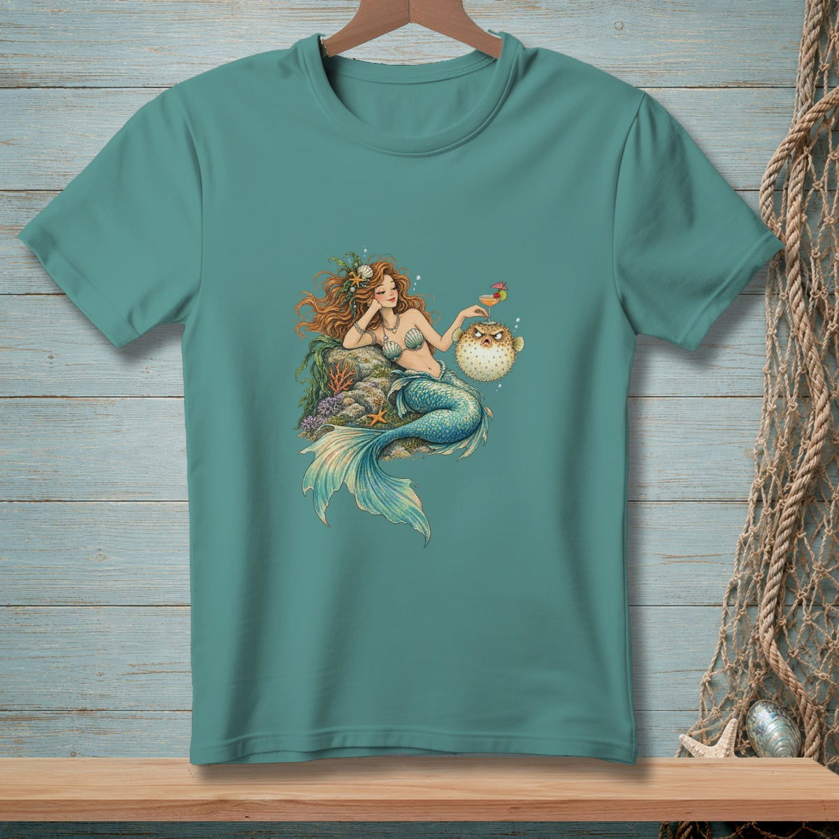 Teal t-shirt featuring a mermaid with a cocktail and a pufferfish.