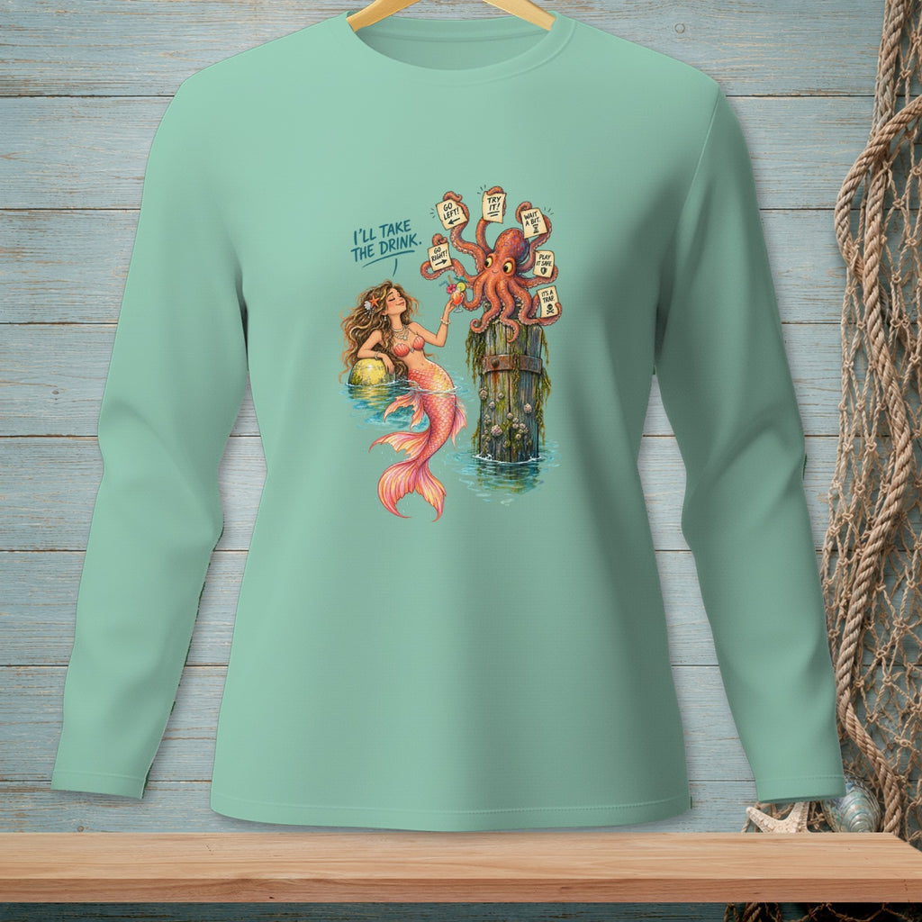 Mermaid and octopus at a post with decision signs and drinks.