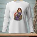 Mermaid holding notes with lobster on rock, wearing a white long-sleeve shirt.