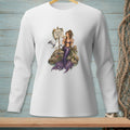 White long-sleeve shirt with mermaid illustration and "PLEASE HOLD." text.