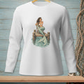White long-sleeve shirt with a mermaid sitting on a dock illustration.
