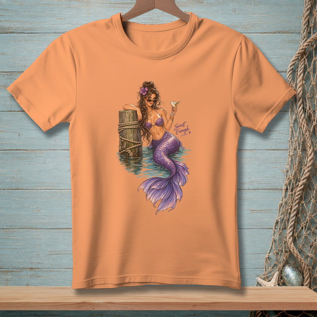 Orange t-shirt with a mermaid holding a drink and text "Sweet Enough."