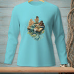Three mermaids with wine glasses and a picnic on a raft surrounded by water lilies.