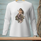 Illustration of a mermaid holding a shell, sitting on rocks with oysters and a crab.